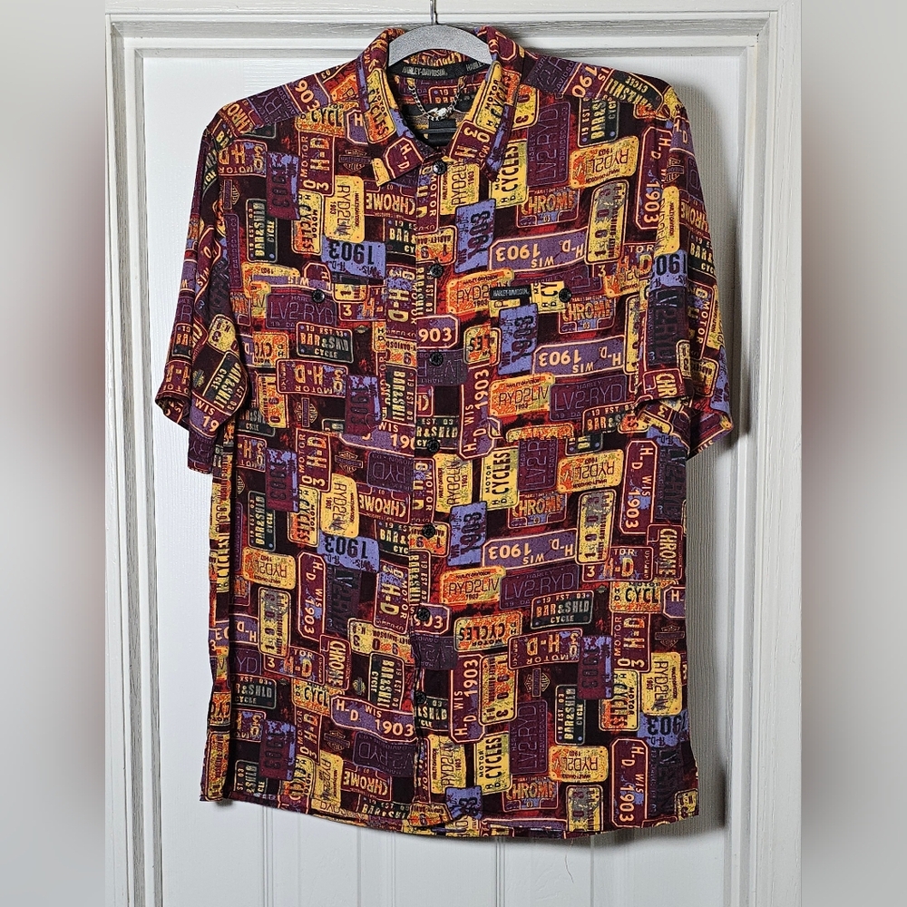 Vintage Harley Davidson Rayon License Plate Hawaiian Shirt Size M Multicolor